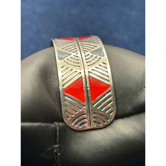 Silver tone & Red Enamel Geometric Design Cuff Bracelet Paparazzi Hidden Glyphs - Picture 3 of 8